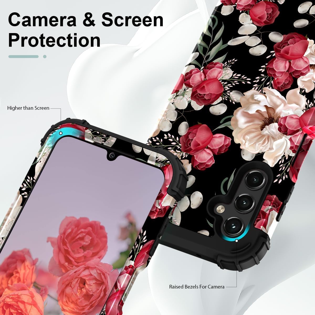 PIXIU Unique Flower Pattern Compatible with Samsung Galaxy A15 5G case, Heavy Duty Dual Layer Shockproof Full-Body Protective Sturdy Hybrid Cute Rugged Case for Women,Girls,Kids-Rose Floral